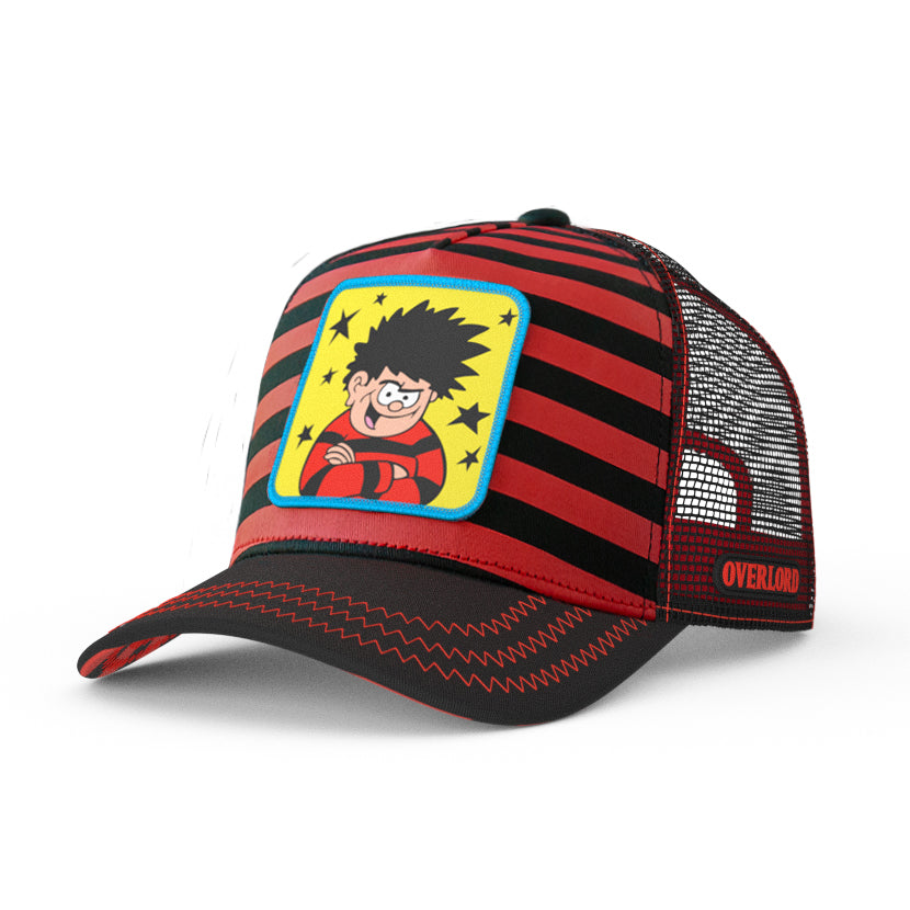 Red and black striped cap with cartoon character patch on a white background