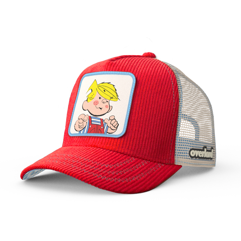 Red corduroy trucker cap hat with Dennis the Menace woven patch against a white background