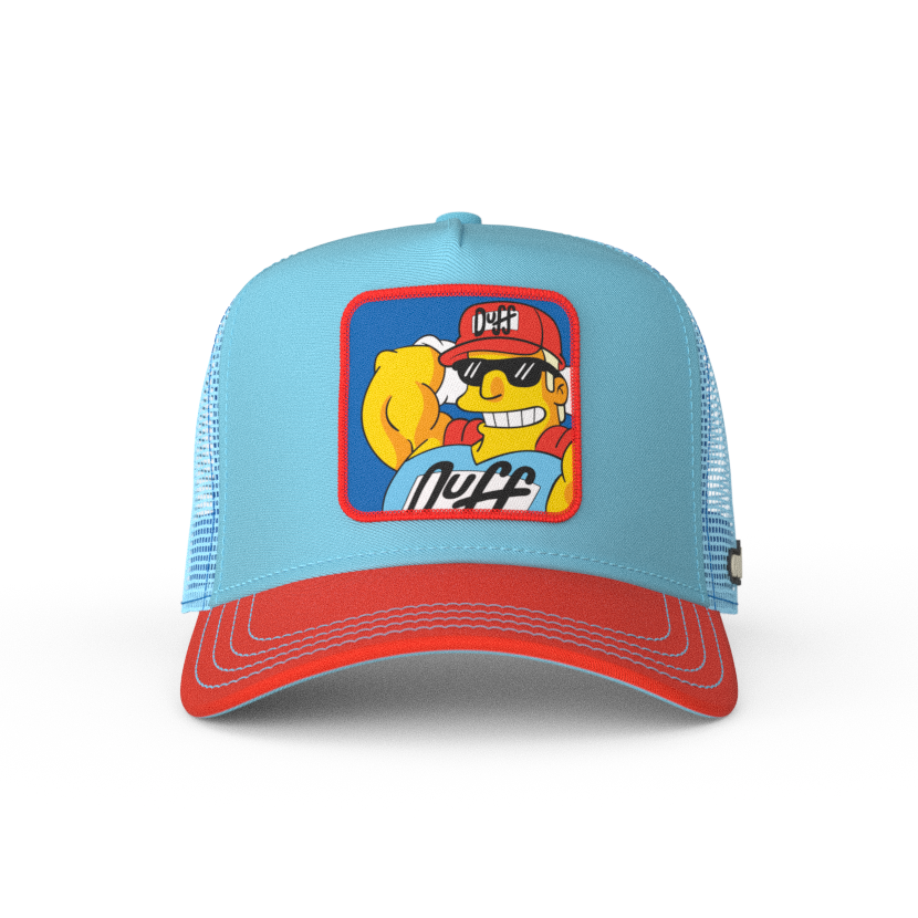 Light Blue and red OVERLORD X The Simpsons present smiling Duffman trucker baseball cap hat with light blue stitching. PVC Overlord logo.