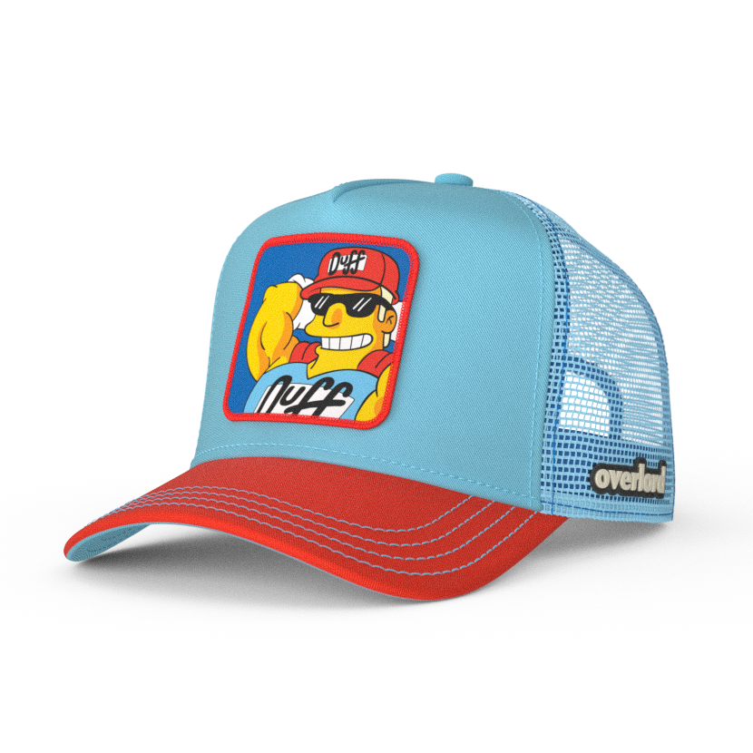 Light Blue and red OVERLORD X The Simpsons present smiling Duffman trucker baseball cap hat with light blue stitching. PVC Overlord logo.