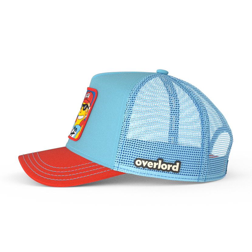 Light Blue and red OVERLORD X The Simpsons present smiling Duffman trucker baseball cap hat with light blue mesh. PVC Overlord logo.