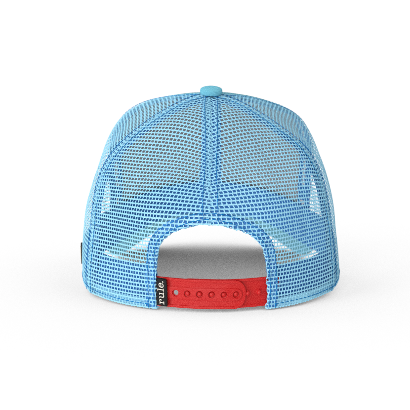Light Blue and red OVERLORD X The Simpsons present smiling Duffman trucker baseball cap hat with light blue mesh and red adjustable strap.