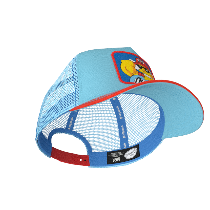 Light Blue and red OVERLORD X The Simpsons present smiling Duffman trucker baseball cap hat with blue sweatband and light blue under brim.