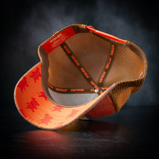 Brown and red cap with mesh back on a dark background