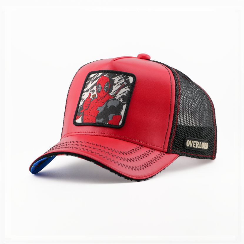 Glossy red trucker cap with a Marvel's Deadpool patch giving a thumbs-up, and a black mesh side with the Overlord logo.