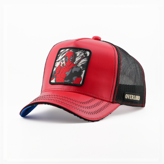 Glossy red trucker cap with a Marvel's Deadpool patch giving a thumbs-up, and a black mesh side with the Overlord logo.