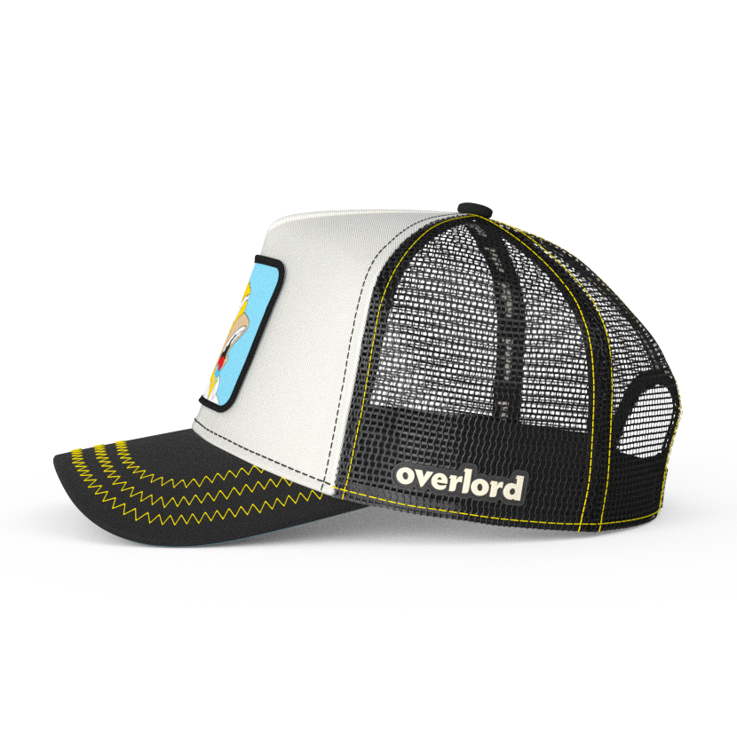 White and black OVERLORD X The Simpsons Homer drooling trucker baseball cap hat with black mesh. PVC Overlord logo.