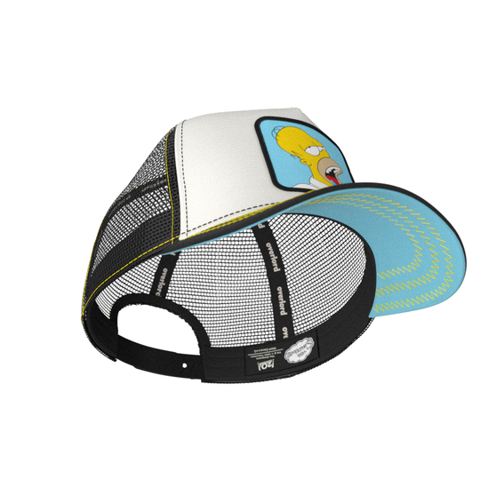 White and black OVERLORD X The Simpsons Homer drooling trucker baseball cap hat with black sweatband and light blue under brim.