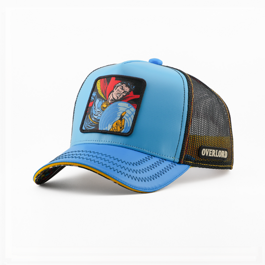 Two-tone blue trucker cap with a Marvel's Doctor Strange patch and black mesh side featuring the Overlord logo.