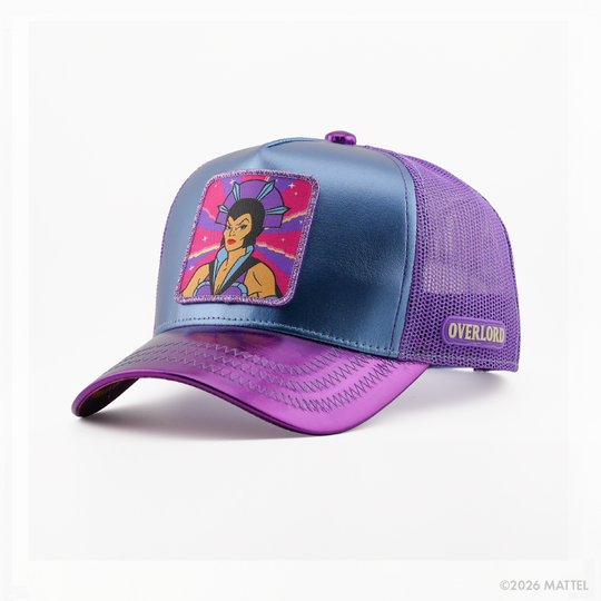 Metallic blue retro trucker cap with a pink-bordered patch of Evil-Lynn from Masters of the Universe wearing a jeweled headdress, purple mesh back, metallic purple brim, and Overlord logo.