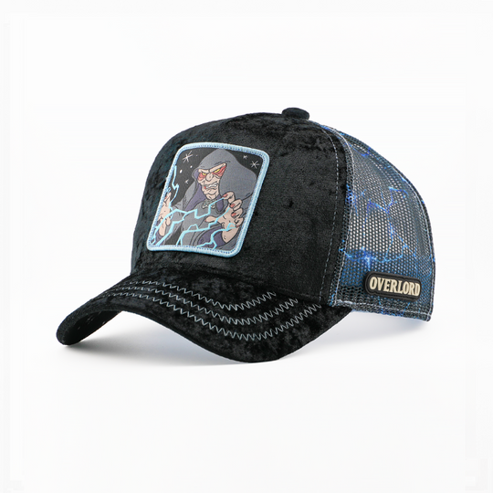 Black velvet trucker cap with Emperor Palpatine from Star Wars patch shooting force lightning, lightning-print mesh sides, and Overlord logo.