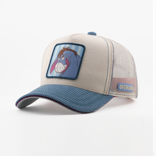Trucker hat with Eeyore patch on a white background