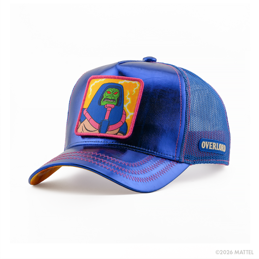 Metallic blue retro trucker cap with a pink-bordered patch of Man-E-Faces from Masters of the Universe on a yellow lightning background, blue metallic brim, blue mesh back, and Overlord logo.