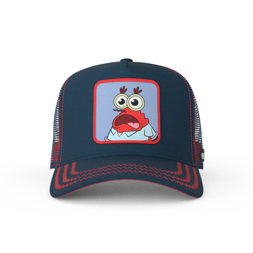 Navy OVERLORD X SpongeBob Krusty Krab surprised face trucker baseball cap with red zig zag stitching. PVC Overlord logo.