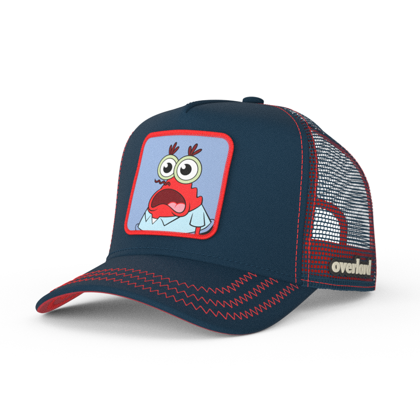 Navy OVERLORD X SpongeBob Krusty Krab surprised face trucker baseball cap with red zig zag stitching. PVC Overlord logo.