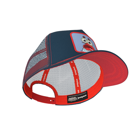 Navy OVERLORD X SpongeBob Krusty Krab surprised face trucker baseball cap with red sweatband and dark red under brim.