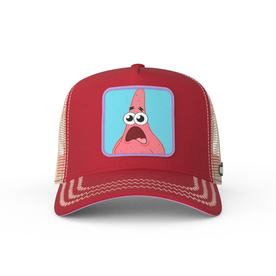 Brick red OVERLORD X SpongeBob Patrick surprised face trucker baseball cap with cream zig zag stitching. PVC Overlord logo.