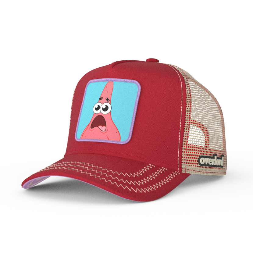 Brick red OVERLORD X SpongeBob Patrick surprised face trucker baseball cap with cream zig zag stitching. PVC Overlord logo.