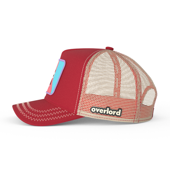 Brick red OVERLORD X SpongeBob Patrick surprised face trucker baseball cap with khaki mesh. PVC Overlord logo.