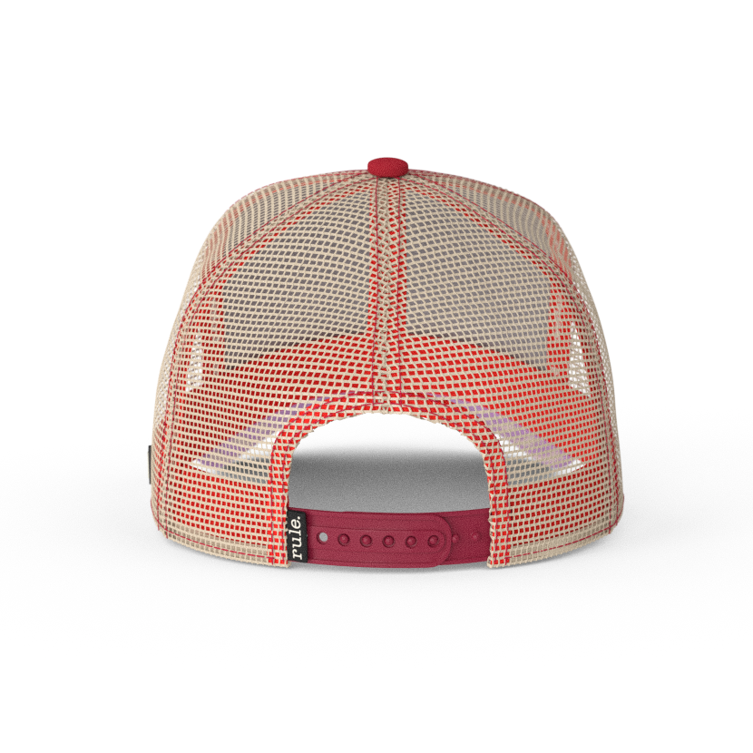 Brick red OVERLORD X SpongeBob Patrick surprised face trucker baseball cap with khaki mesh and maroon strap.