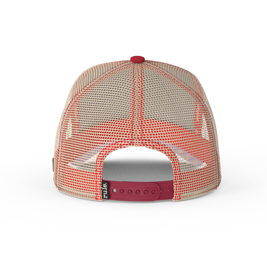 Brick red OVERLORD X SpongeBob Patrick surprised face trucker baseball cap with khaki mesh and maroon strap.