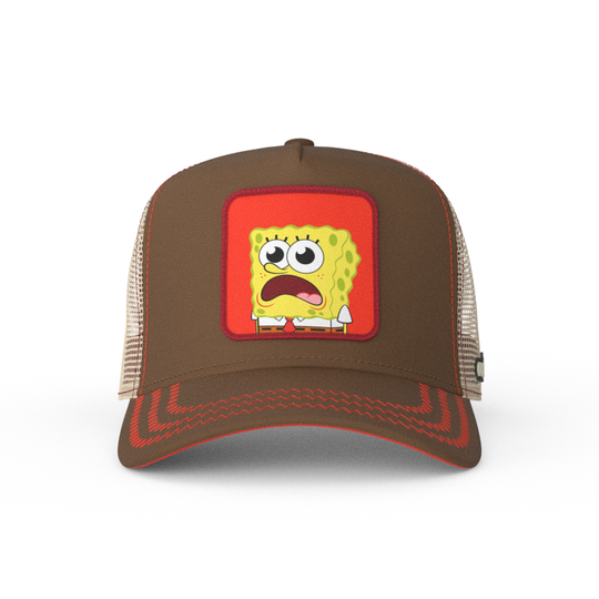 Brown OVERLORD X SpongeBob surprised face trucker baseball cap hat with red zig zag stitching. PVC Overlord logo.