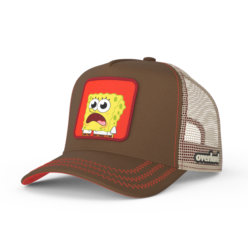 Brown OVERLORD X SpongeBob surprised face trucker baseball cap hat with red zig zag stitching. PVC Overlord logo.