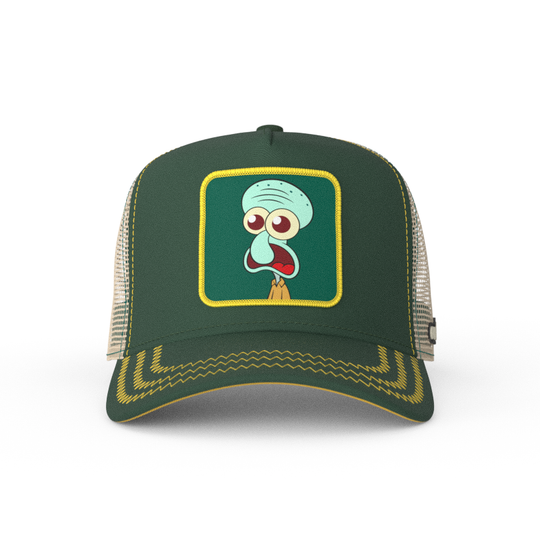 Dark green OVERLORD X SpongeBob Squidward surprised face trucker baseball cap with yellow zig zag stitching. PVC Overlord logo.
