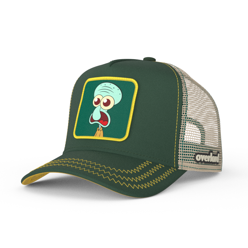 Dark green OVERLORD X SpongeBob Squidward surprised face trucker baseball cap with yellow zig zag stitching. PVC Overlord logo.