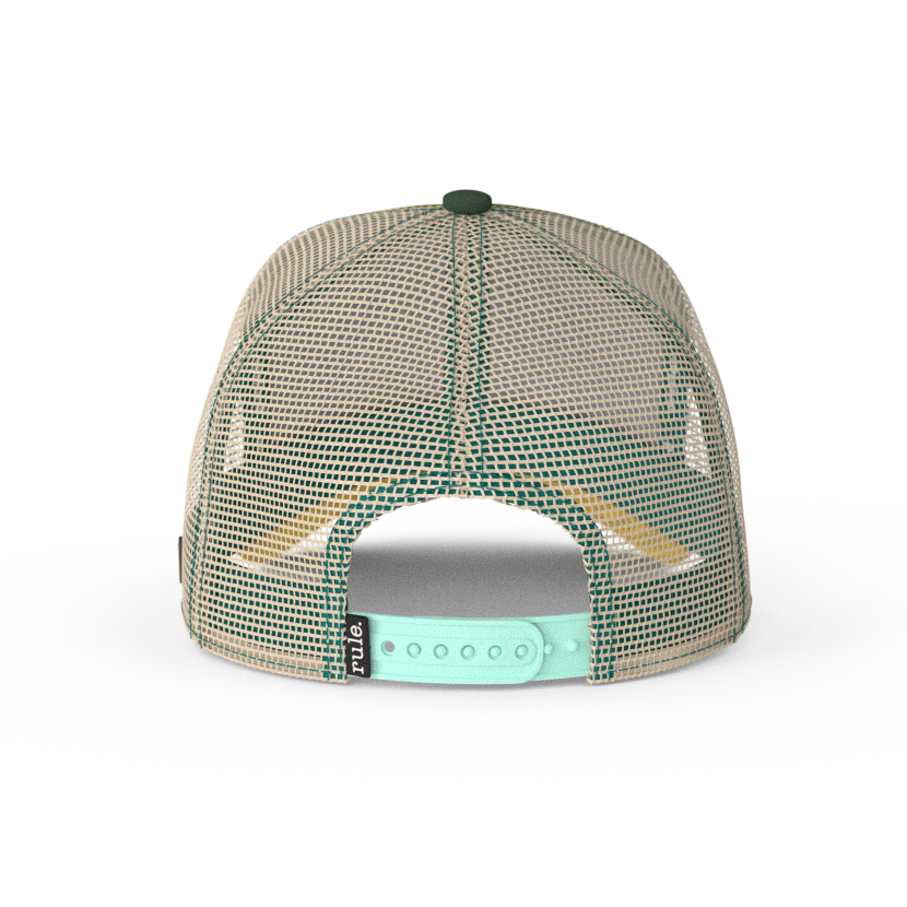 Dark green OVERLORD X SpongeBob Squidward surprised face trucker baseball cap with khaki mesh and mint adjustable strap.