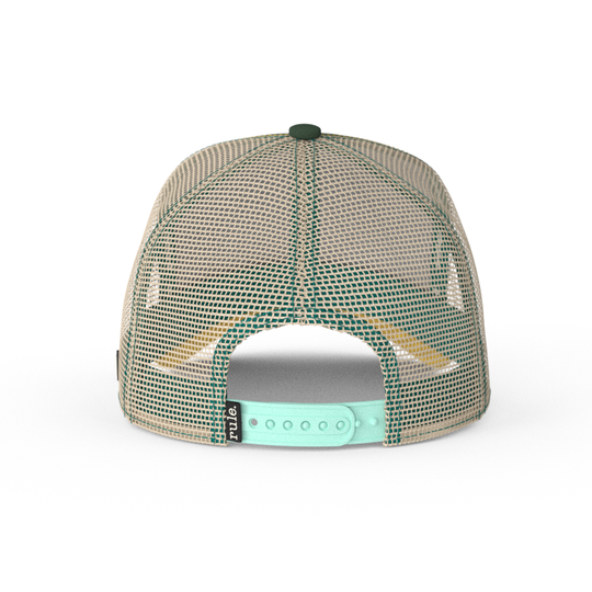 Dark green OVERLORD X SpongeBob Squidward surprised face trucker baseball cap with khaki mesh and mint adjustable strap.