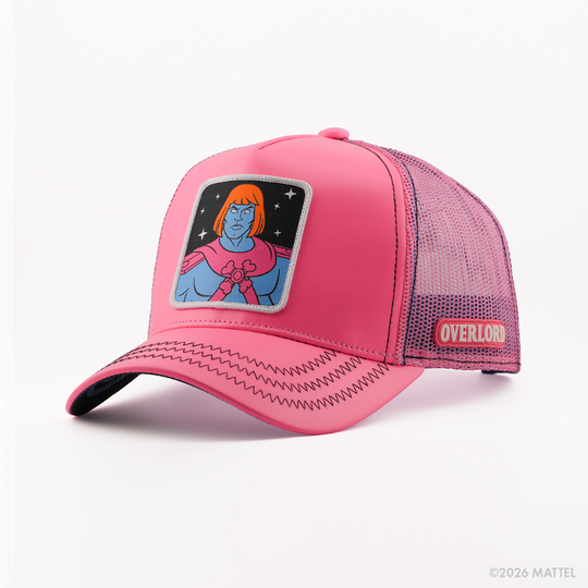 Pink faux-leather retro trucker cap with a white-bordered patch of Faker from Masters of the Universe on a black starry background, pink mesh back, and Overlord logo.