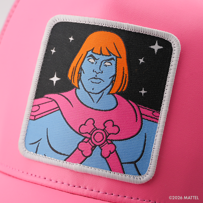 Woven patch of Faker from Masters of the Universe with blue skin and orange hair, wearing pink and blue armor against a black starry background with white border, stitched onto the pink faux-leather retro trucker cap.