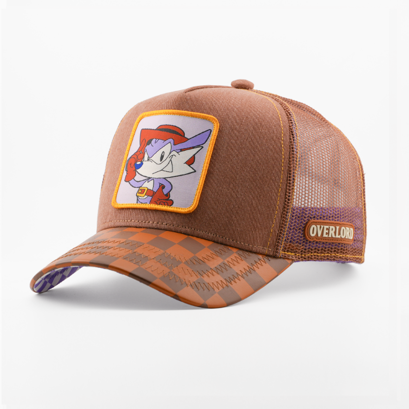 Brown retro trucker cap with Fang from Sonic the Hedgehog patch bordered in gold, brown checkered-pattern brim, purple and brown mesh back, and Overlord logo.