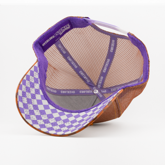 Underside of the Fang from Sonic the Hedgehog retro trucker cap, showing a purple and white argyle-pattern brim, Sonic the Hedgehog tag, brown mesh crown, and purple Overlord branded taping with white text.