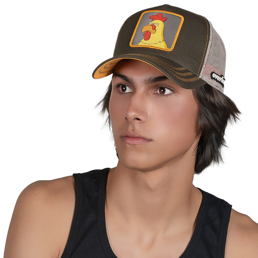 Man wearing dark olive green twill trucker cap featuring a woven patch of an angry Ernie the giant chicken from Family Guy attached to the crown