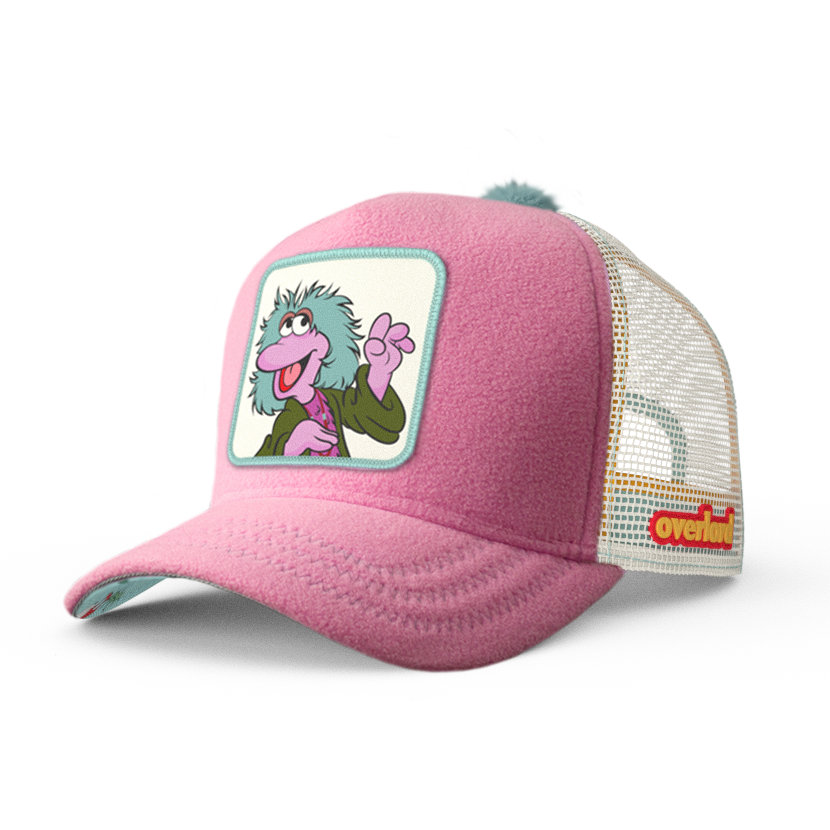 Purple fleece trucker cap hat with Fraggle Rock Mokey woven patch against white background