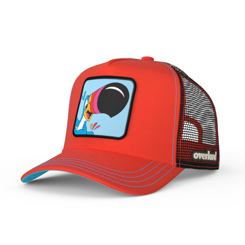 Red OVERLORD X Kelloggs Toucan Sam Froot Loops trucker baseball cap hat with blue stitching. PVC Overlord logo.
