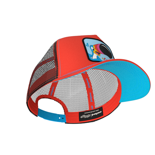 Red OVERLORD X Kelloggs Toucan Sam Froot Loops trucker baseball cap hat with red sweatband and turquoise under brim.