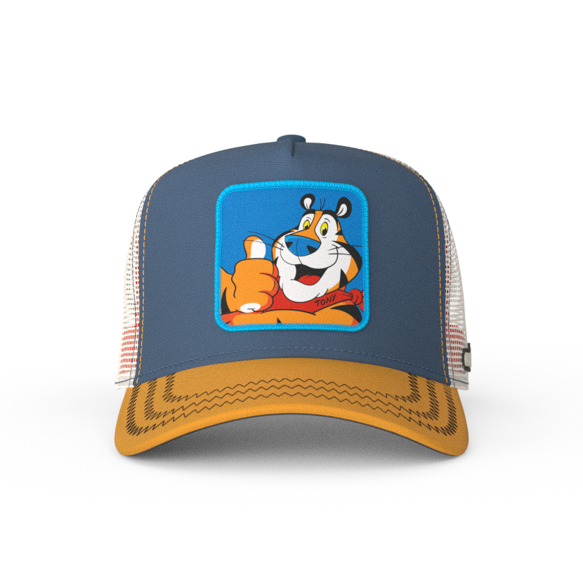 Blue and orange OVERLORD X Kelloggs Tony Tiger Frosted Flakes trucker baseball cap hat with black zig zag stitching. PVC Overlord logo.