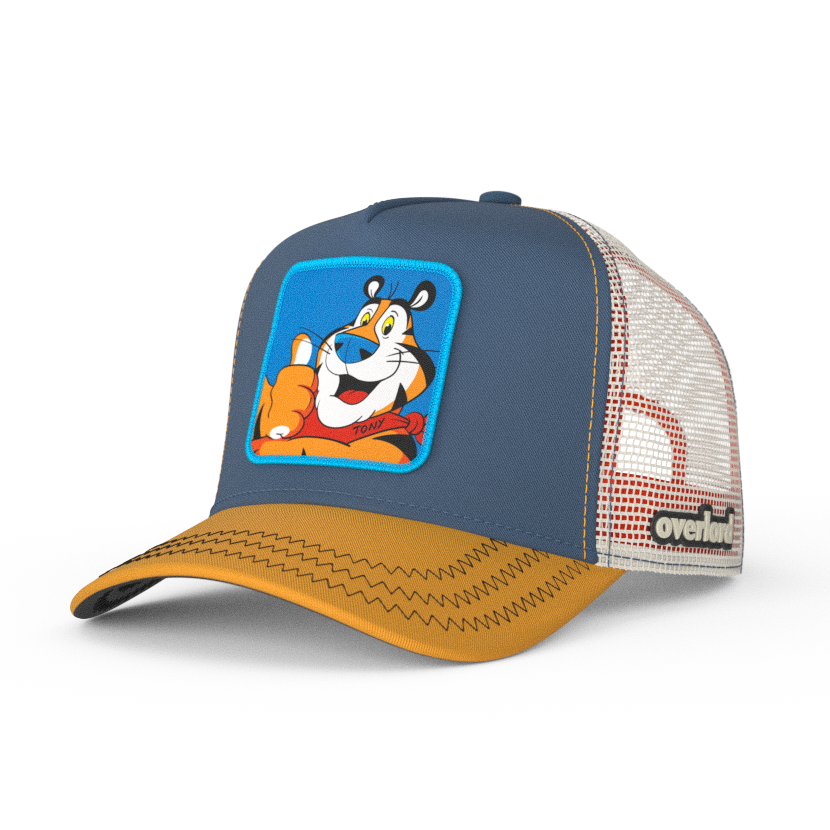 Blue and orange OVERLORD X Kelloggs Tony Tiger Frosted Flakes trucker baseball cap hat with black zig zag stitching. PVC Overlord logo.