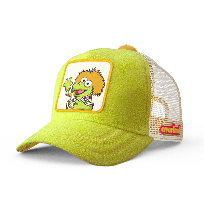 Yellow fleece trucker cap hat with Fraggle Rock Wembley woven patch against white background