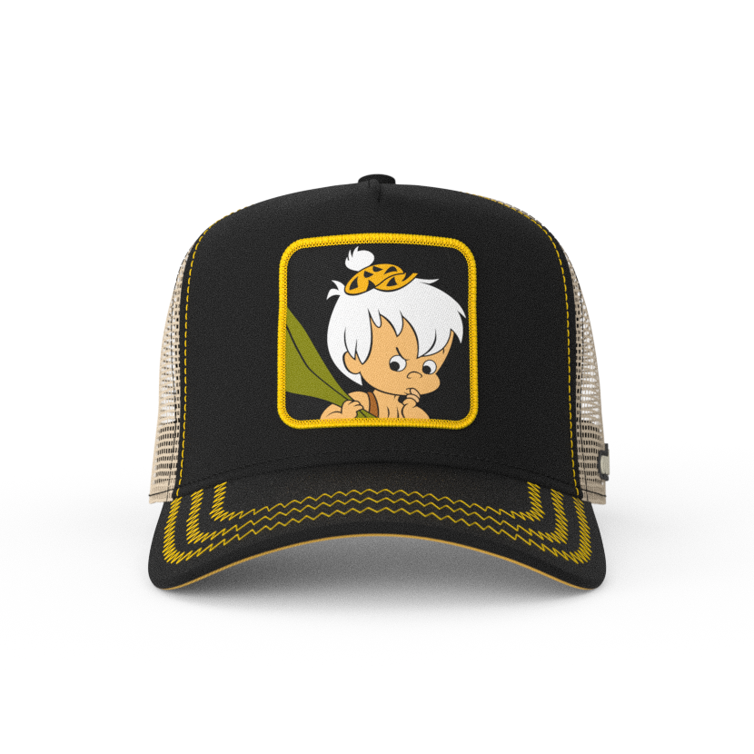 Black OVERLORD X Flintstones Bamm Bamm trucker baseball cap with yellow zig zag stitching. PVC Overlord logo.