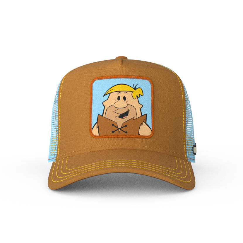 Brown OVERLORD X Flintstones Barney Rubble trucker baseball cap with yellow stitching. PVC Overlord logo.