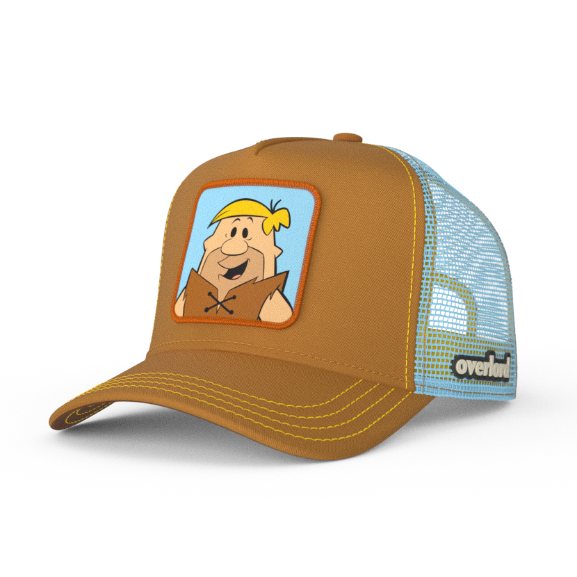 Brown OVERLORD X Flintstones Barney Rubble trucker baseball cap with yellow stitching. PVC Overlord logo.