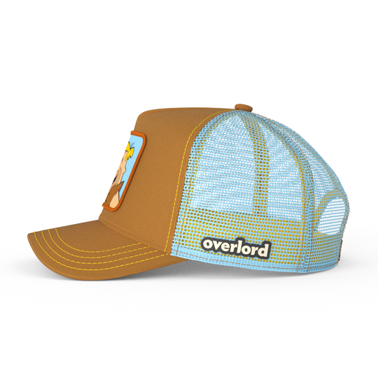 Brown OVERLORD X Flintstones Barney Rubble trucker baseball cap with light blue mesh. PVC Overlord logo.