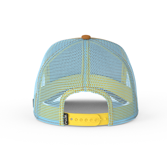 Brown OVERLORD X Flintstones Barney Rubble trucker baseball cap with light blue mesh and yellow adjustable strap. PVC Overlord logo.