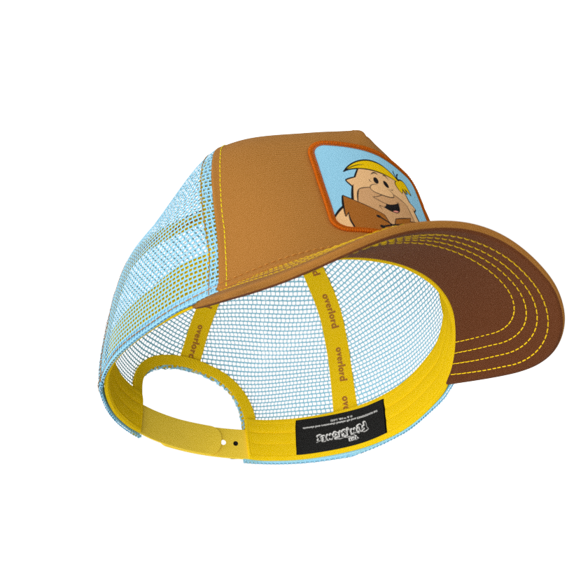 Brown OVERLORD X Flintstones Barney Rubble trucker baseball cap with yellow sweatband and brown under brim.