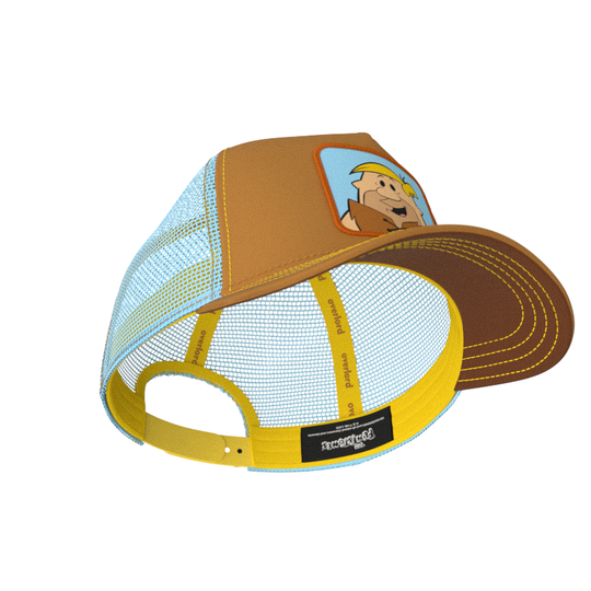 Brown OVERLORD X Flintstones Barney Rubble trucker baseball cap with yellow sweatband and brown under brim.