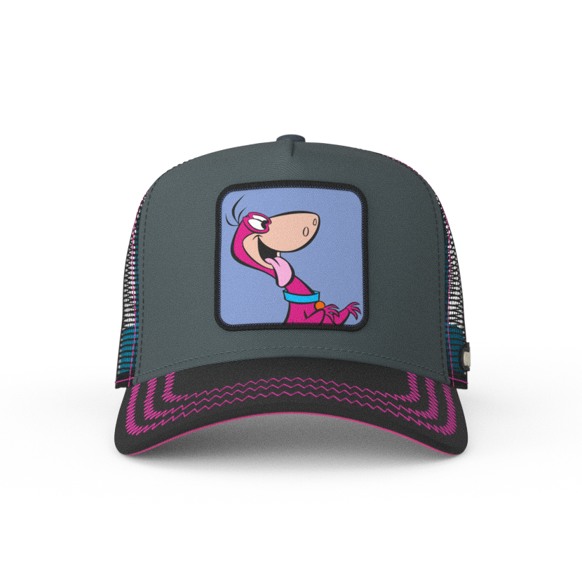 Steel Blue and black OVERLORD X Flintstones Dino trucker baseball cap with hot pink zig zag stitching. PVC Overlord logo.